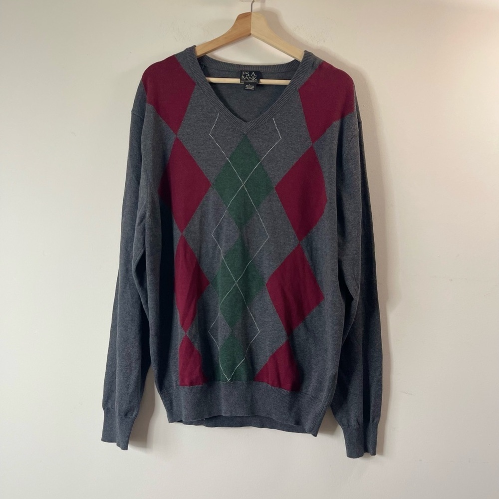 Jos. A. Bank Gray V-Neck Sweater with Red and Green Argyle - Picture 3 of 7